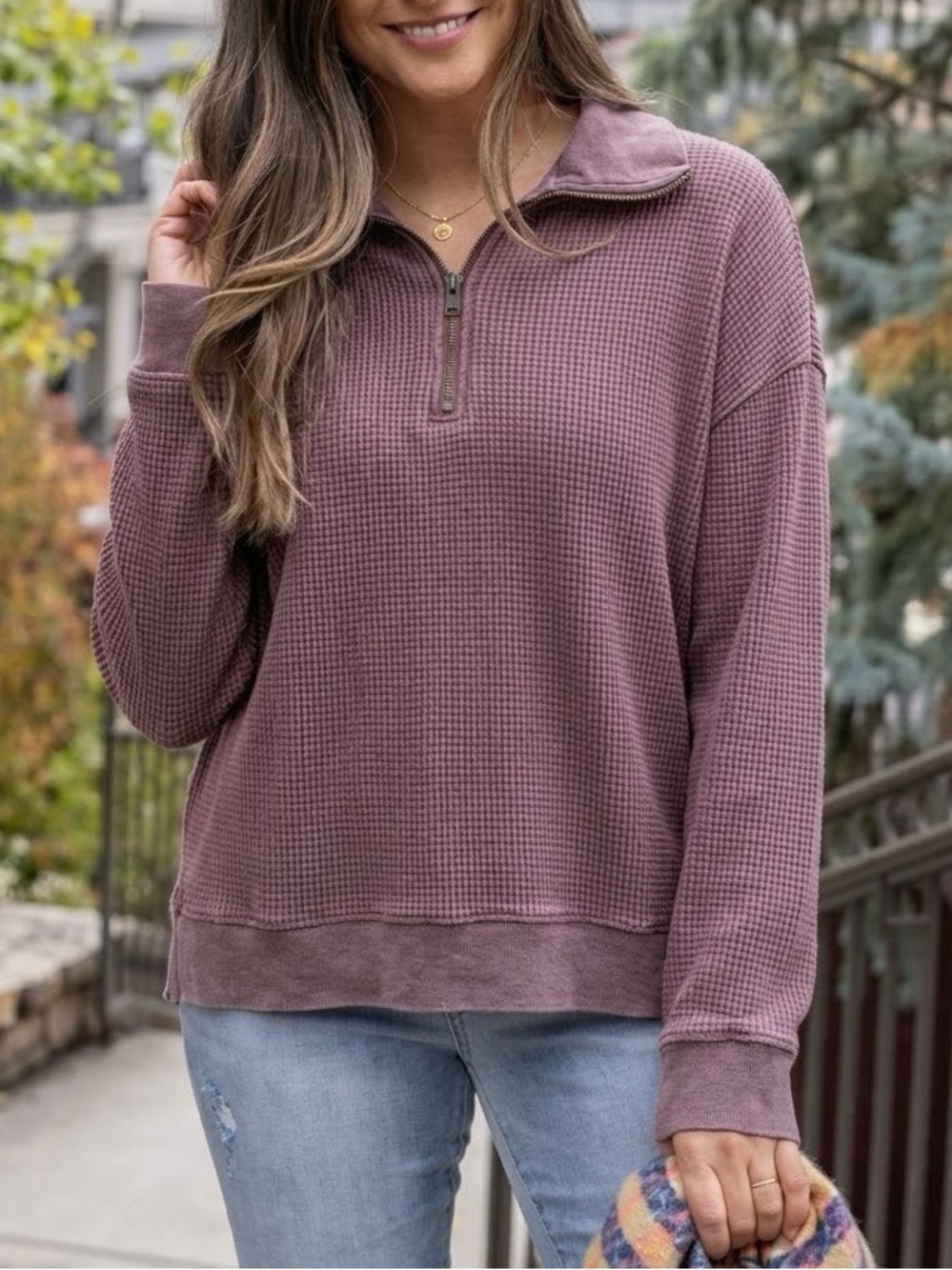 C&C California Thermal Pullover Size Large Washed Berry Maroon Waffle Knit